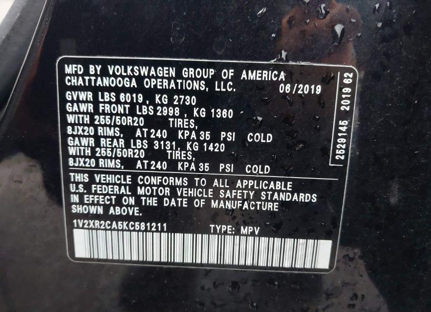 Photo 9 of 2019 Volkswagen Atlas 3.6L V6 SE W/TECHNOLOGY R-LINE (VIN 1V2XR2CA5KC581211)