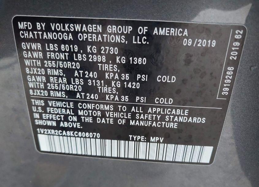 Photo 9 of 2019 Volkswagen Atlas 3.6L V6 SE W/TECHNOLOGY R-LINE (VIN 1V2XR2CA8KC606070)