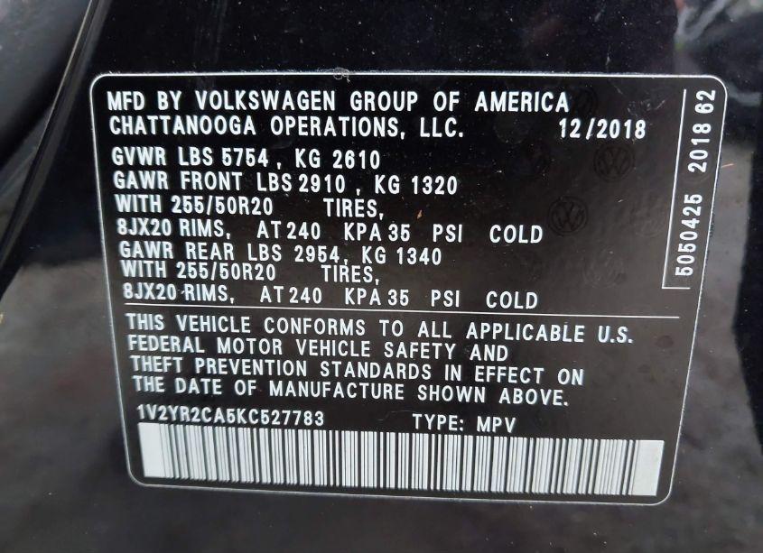 Photo 9 of 2019 Volkswagen Atlas 3.6L V6 SE W/TECHNOLOGY R-LINE (VIN 1V2YR2CA5KC527783)