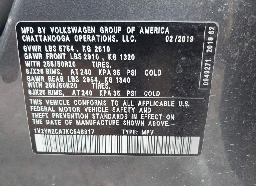 Photo 9 of 2019 Volkswagen Atlas 3.6L V6 SE W/TECHNOLOGY R-LINE (VIN 1V2YR2CA7KC546917)