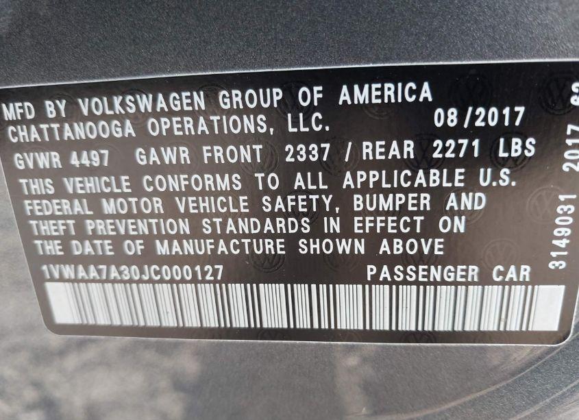 Photo 9 of 2018 Volkswagen Passat 2.0T R-LINE/2.0T S (VIN 1VWAA7A30JC000127)