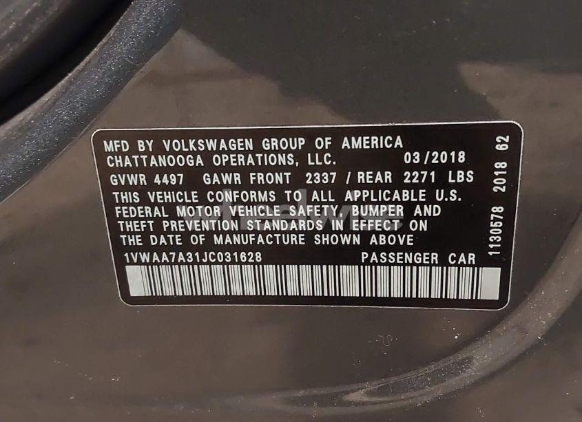 Photo 9 of 2018 Volkswagen Passat 2.0T R-LINE/2.0T S (VIN 1VWAA7A31JC031628)