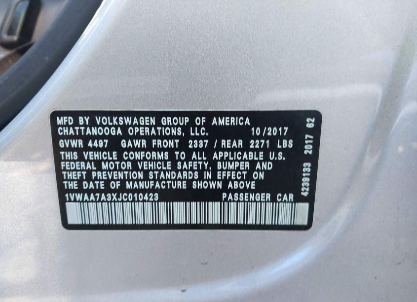 Photo 9 of 2018 Volkswagen Passat 2.0T R-LINE/2.0T S (VIN 1VWAA7A3XJC010423)