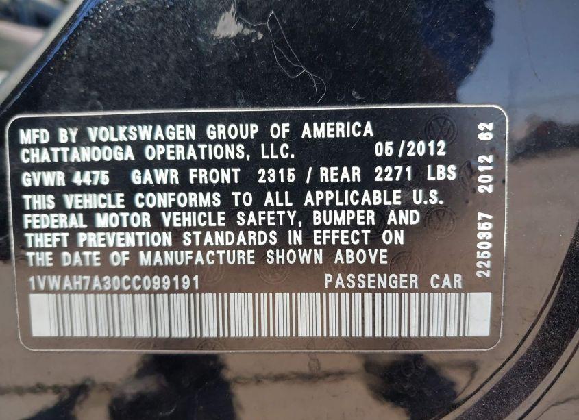 Photo 9 of 2012 Volkswagen Passat 2.5L S (VIN 1VWAH7A30CC099191)