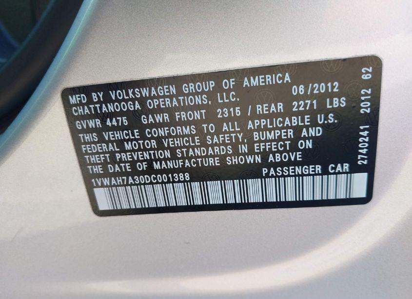 Photo 9 of 2013 Volkswagen Passat 2.5L S (VIN 1VWAH7A30DC001388)