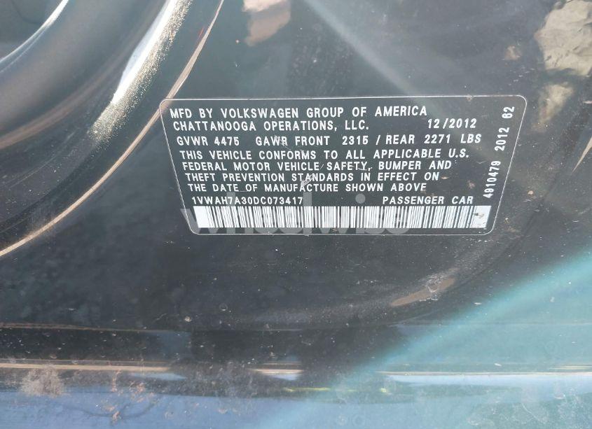 Photo 9 of 2013 Volkswagen Passat 2.5L S (VIN 1VWAH7A30DC073417)