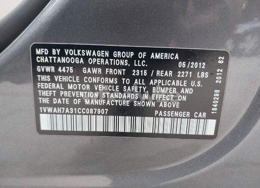Photo 9 of 2012 Volkswagen Passat 2.5L S (VIN 1VWAH7A31CC087907)