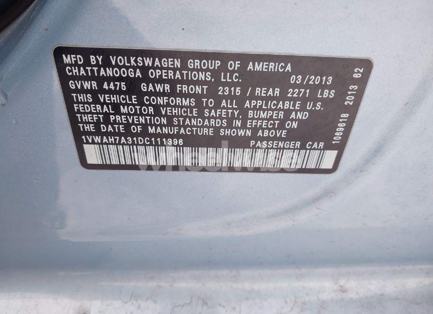 Photo 9 of 2013 Volkswagen Passat 2.5L S (VIN 1VWAH7A31DC111396)