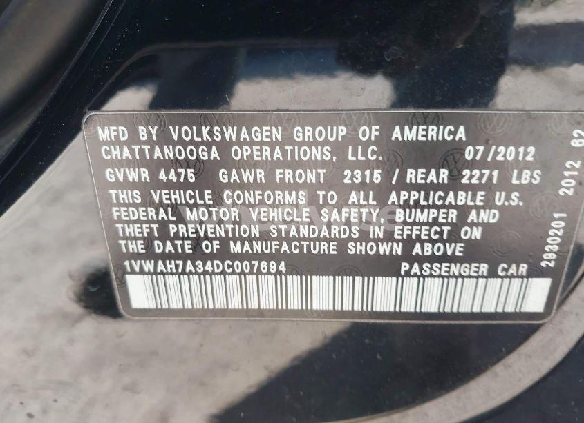 Photo 9 of 2013 Volkswagen Passat 2.5L S (VIN 1VWAH7A34DC007694)