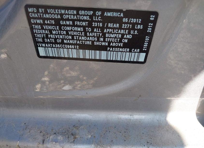 Photo 9 of 2012 Volkswagen Passat S W/APPEARANCE (VIN 1VWAH7A35CC096612)