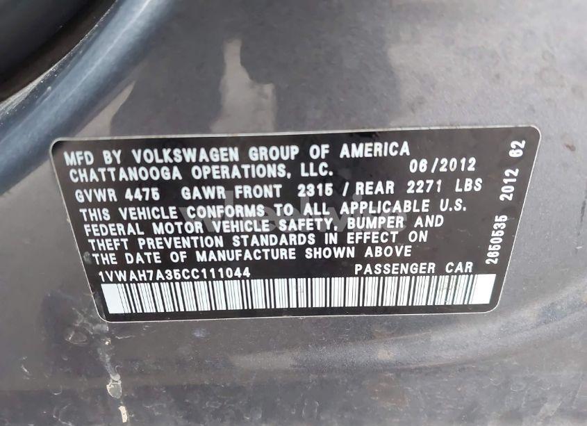 Photo 9 of 2012 Volkswagen Passat 2.5L S (VIN 1VWAH7A35CC111044)