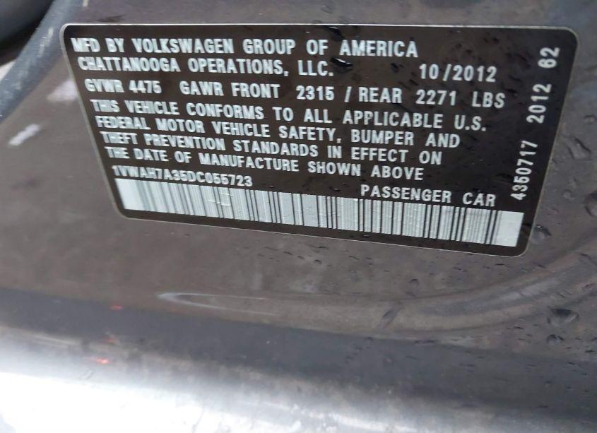 Photo 9 of 2013 Volkswagen Passat 2.5L S (VIN 1VWAH7A35DC055723)