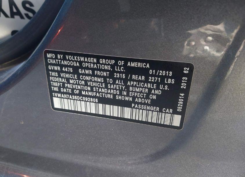 Photo 9 of 2013 Volkswagen Passat 2.5L S (VIN 1VWAH7A35DC092805)
