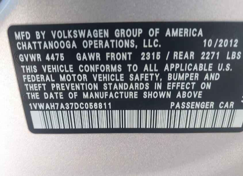 Photo 9 of 2013 Volkswagen Passat S W/APPEARANCE (VIN 1VWAH7A37DC056811)