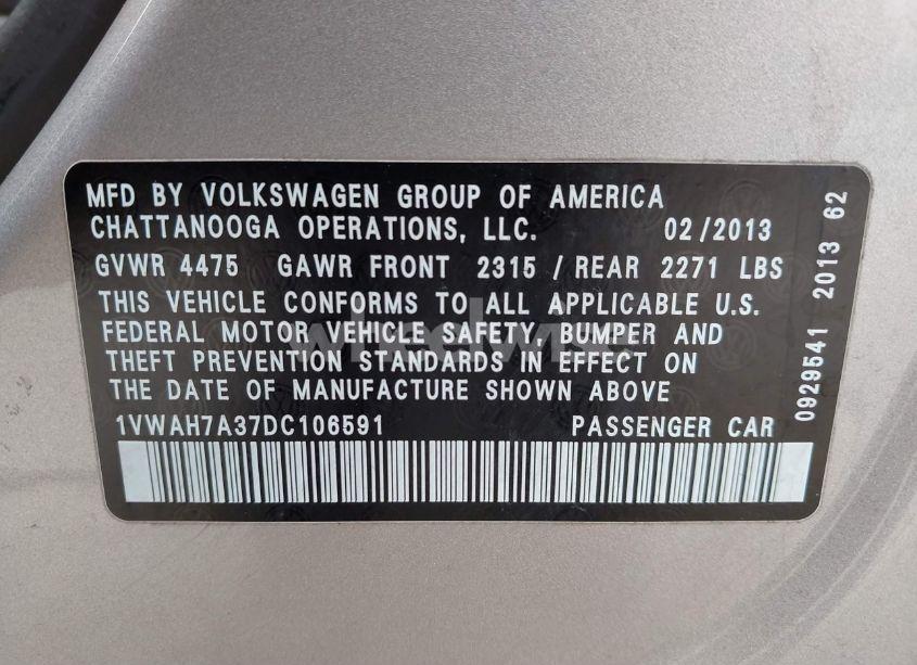 Photo 9 of 2013 Volkswagen Passat 2.5L S (VIN 1VWAH7A37DC106591)