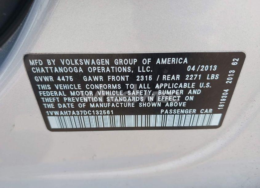 Photo 9 of 2013 Volkswagen Passat 2.5L S (VIN 1VWAH7A37DC132561)