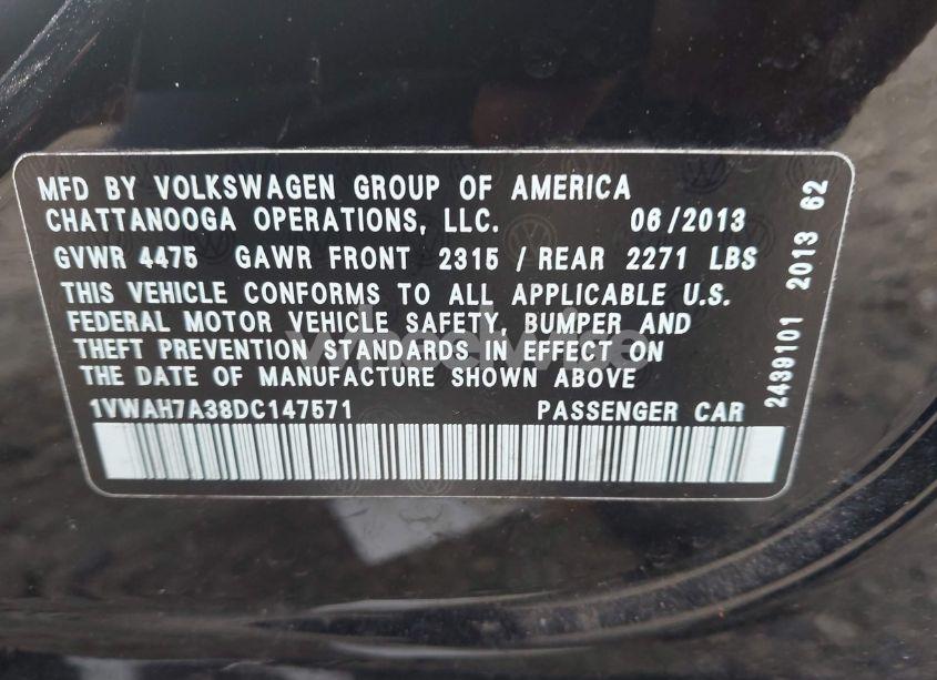 Photo 9 of 2013 Volkswagen Passat 2.5L S (VIN 1VWAH7A38DC147571)