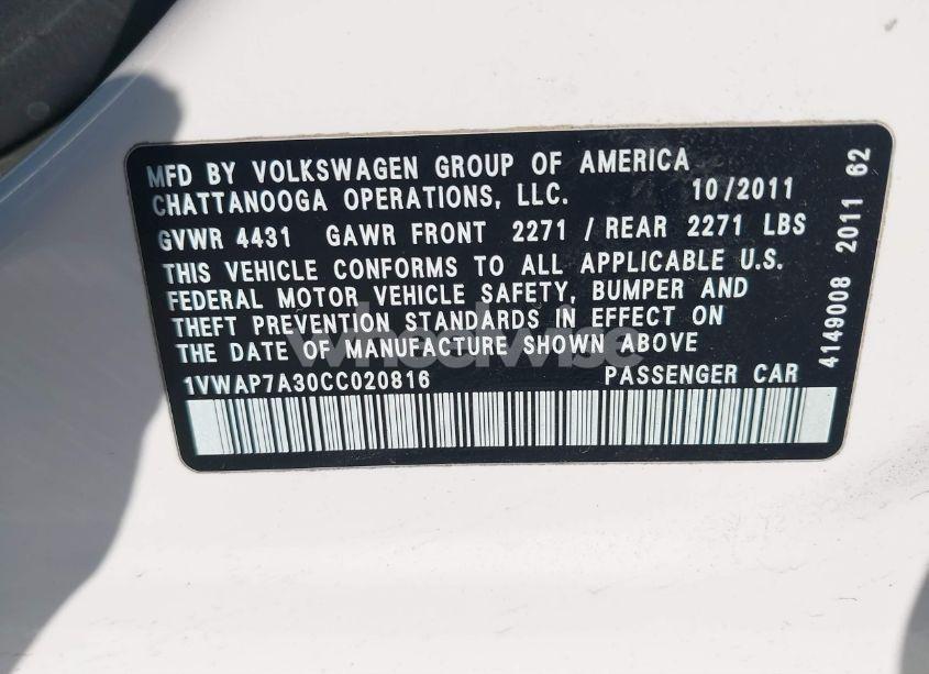 Photo 9 of 2012 Volkswagen Passat 2.5L S (VIN 1VWAP7A30CC020816)