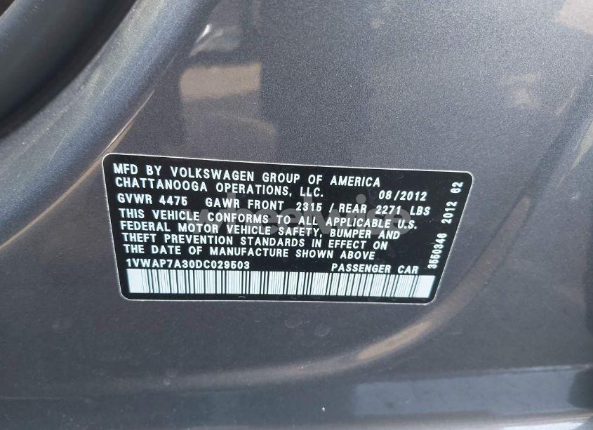 Photo 9 of 2013 Volkswagen Passat 2.5L S (VIN 1VWAP7A30DC029503)