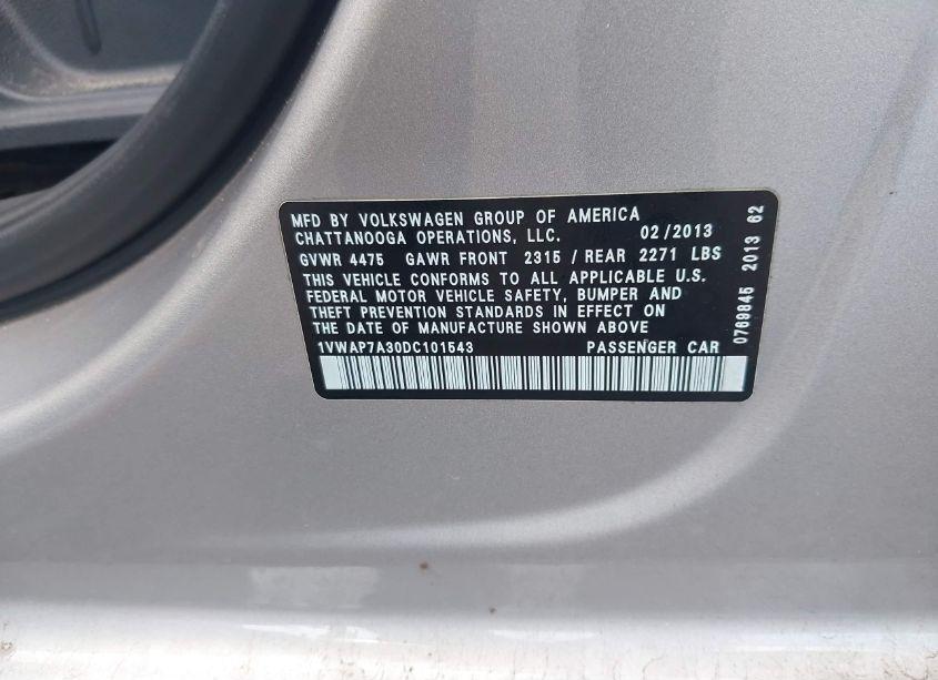 Photo 9 of 2013 Volkswagen Passat 2.5L S (VIN 1VWAP7A30DC101543)