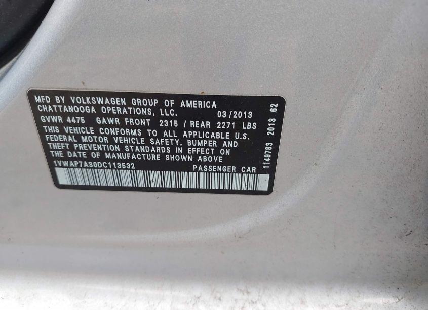 Photo 9 of 2013 Volkswagen Passat 2.5L S (VIN 1VWAP7A30DC113532)