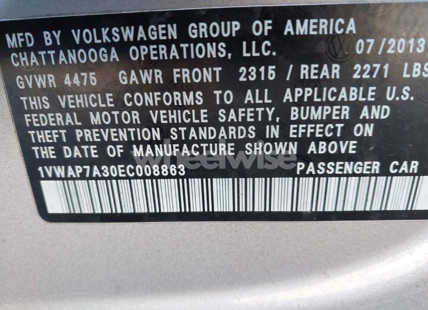 Photo 9 of 2014 Volkswagen Passat 2.5L S (VIN 1VWAP7A30EC008863)