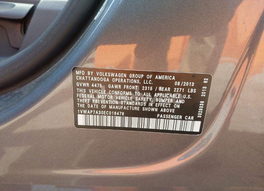 Photo 9 of 2014 Volkswagen Passat 2.5L S (VIN 1VWAP7A30EC016476)