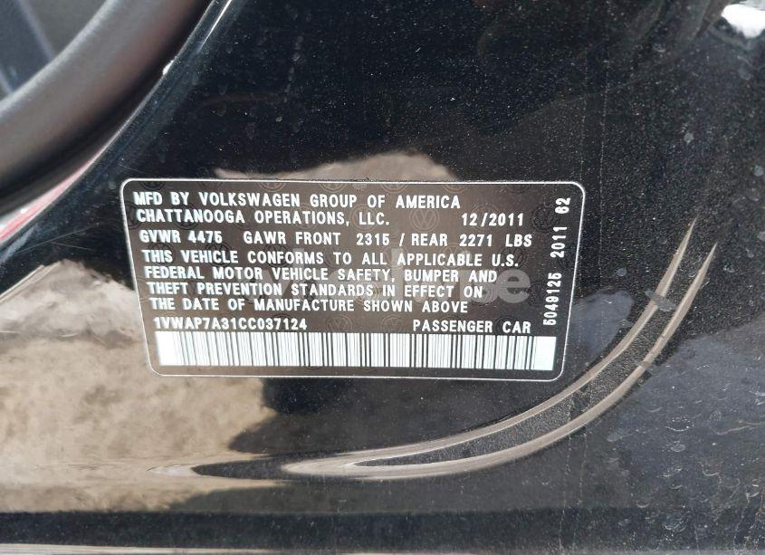 Photo 9 of 2012 Volkswagen Passat 2.5L S (VIN 1VWAP7A31CC037124)