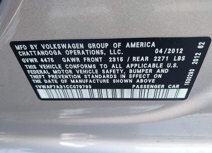Photo 9 of 2012 Volkswagen Passat 2.5L S (VIN 1VWAP7A31CC079793)