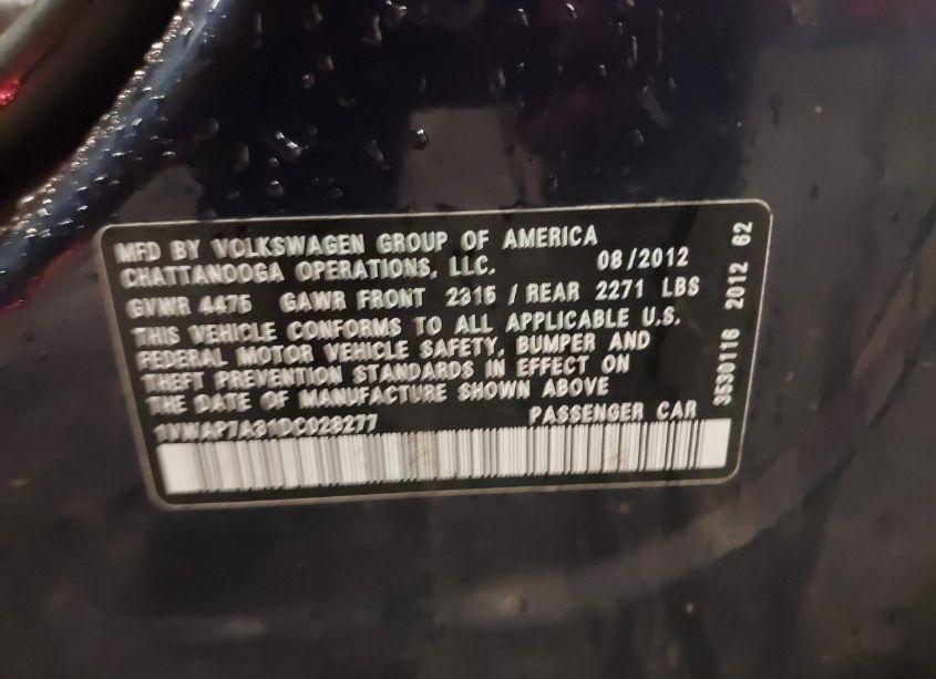 Photo 9 of 2013 Volkswagen Passat 2.5L S (VIN 1VWAP7A31DC028277)