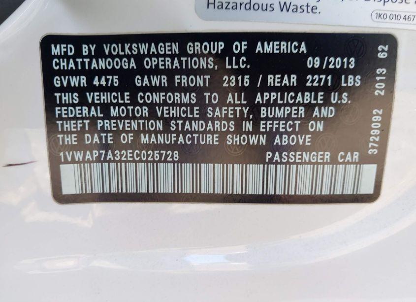 Photo 9 of 2014 Volkswagen Passat 2.5L S (VIN 1VWAP7A32EC025728)