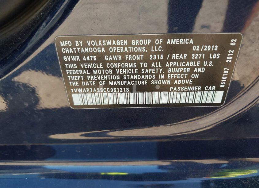 Photo 9 of 2012 Volkswagen Passat 2.5L S (VIN 1VWAP7A33CC051218)