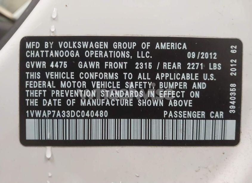 Photo 9 of 2013 Volkswagen Passat 2.5L S (VIN 1VWAP7A33DC040480)