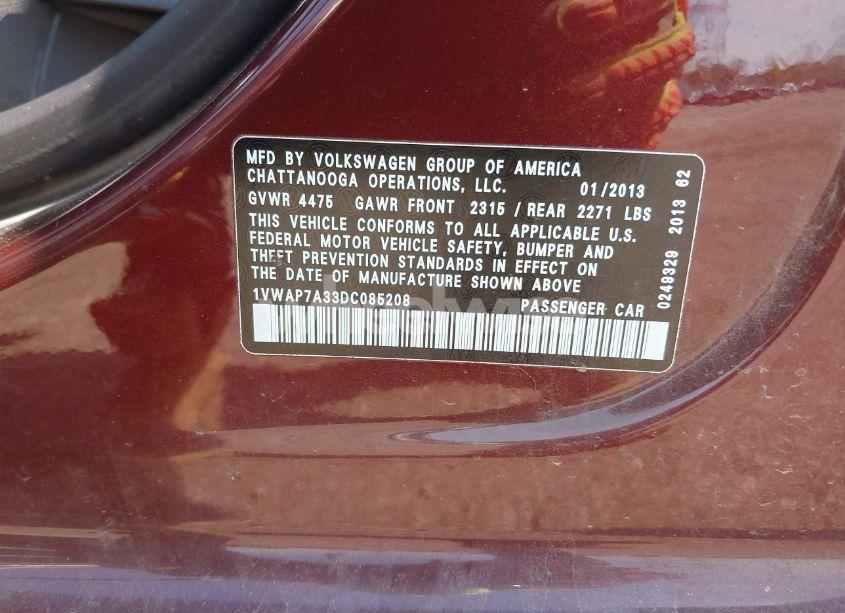 Photo 9 of 2013 Volkswagen Passat 2.5L S (VIN 1VWAP7A33DC085208)