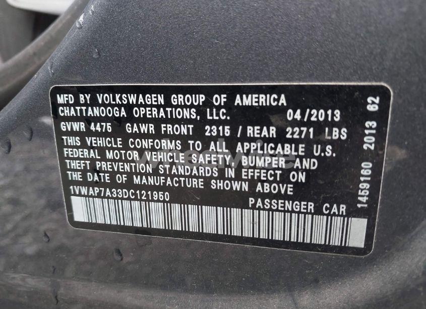 Photo 9 of 2013 Volkswagen Passat 2.5L S (VIN 1VWAP7A33DC121950)