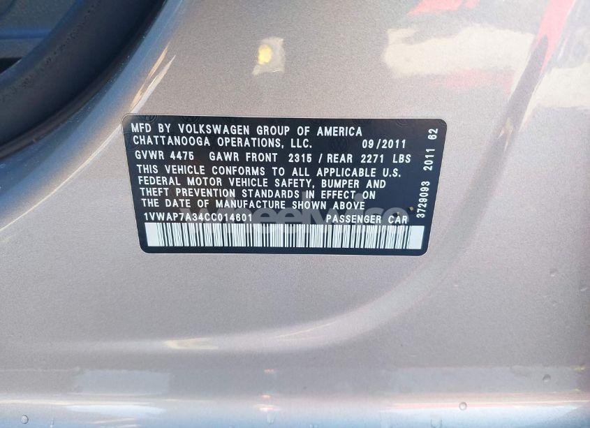 Photo 9 of 2012 Volkswagen Passat 2.5L S (VIN 1VWAP7A34CC014601)