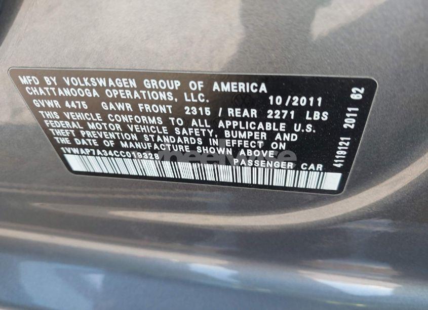 Photo 9 of 2012 Volkswagen Passat 2.5L S (VIN 1VWAP7A34CC019328)