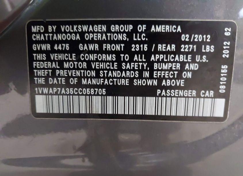 Photo 9 of 2012 Volkswagen Passat 2.5L S (VIN 1VWAP7A35CC058705)
