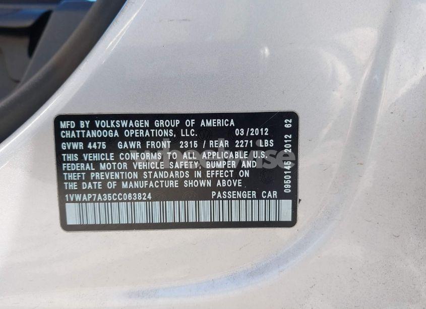 Photo 9 of 2012 Volkswagen Passat 2.5L S (VIN 1VWAP7A35CC063824)