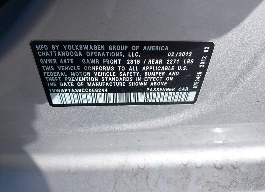 Photo 9 of 2012 Volkswagen Passat 2.5L S (VIN 1VWAP7A36CC058244)