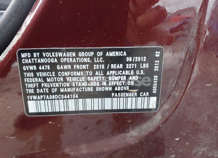 Photo 9 of 2013 Volkswagen Passat 2.5L S (VIN 1VWAP7A36DC044104)