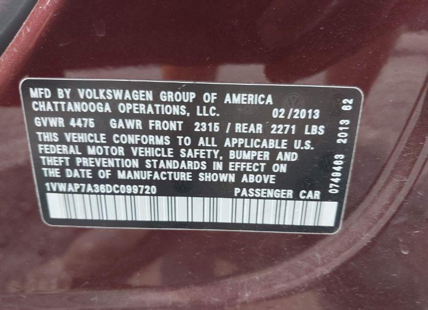 Photo 9 of 2013 Volkswagen Passat 2.5L S (VIN 1VWAP7A36DC099720)
