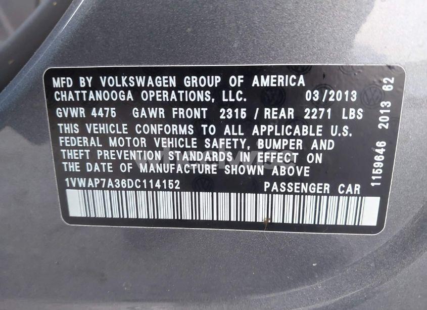 Photo 9 of 2013 Volkswagen Passat 2.5L S (VIN 1VWAP7A36DC114152)