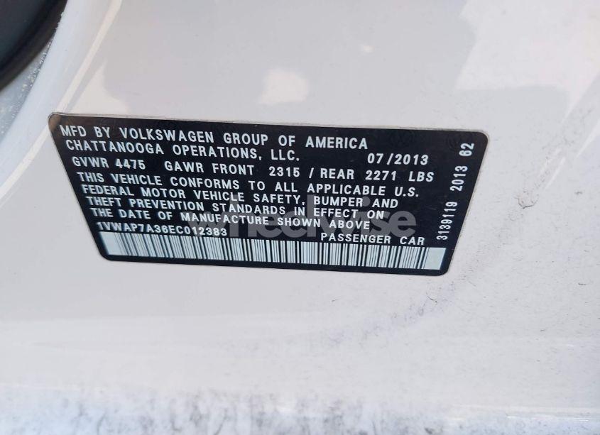 Photo 9 of 2014 Volkswagen Passat 2.5L S (VIN 1VWAP7A36EC012383)