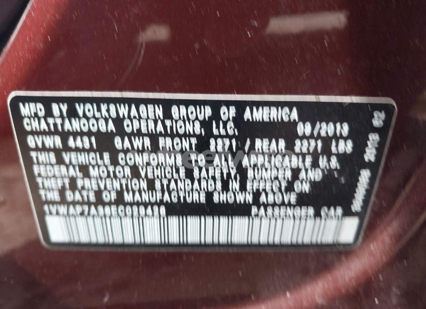 Photo 9 of 2014 Volkswagen Passat 2.5L S (VIN 1VWAP7A36EC029426)