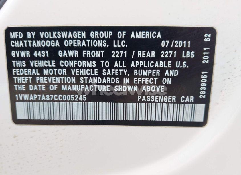 Photo 9 of 2012 Volkswagen Passat 2.5L S (VIN 1VWAP7A37CC005245)