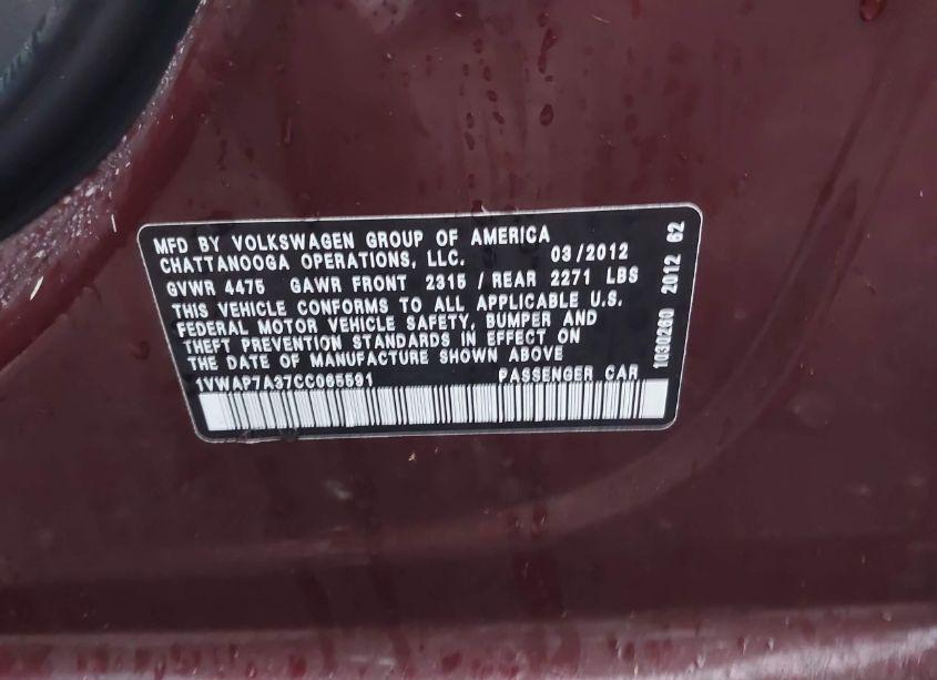 Photo 9 of 2012 Volkswagen Passat 2.5L S (VIN 1VWAP7A37CC065591)