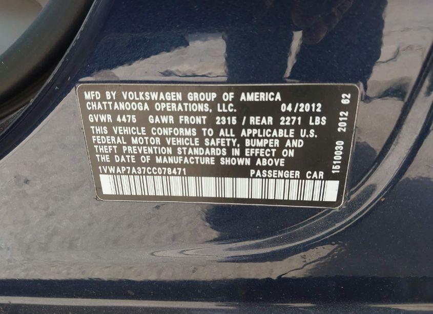 Photo 9 of 2012 Volkswagen Passat 2.5L S (VIN 1VWAP7A37CC078471)
