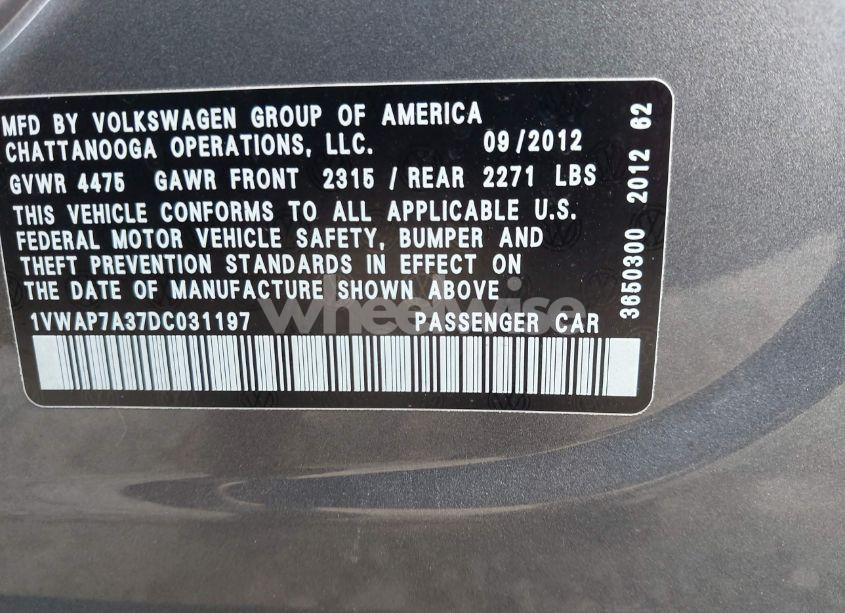 Photo 9 of 2013 Volkswagen Passat 2.5L S (VIN 1VWAP7A37DC031197)