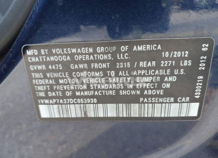 Photo 9 of 2013 Volkswagen Passat 2.5L S (VIN 1VWAP7A37DC053930)